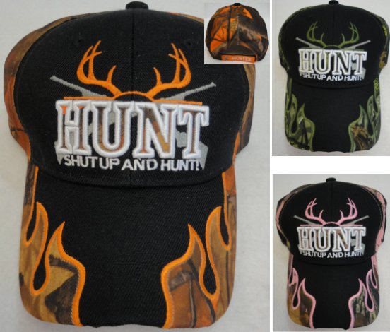 HUNT/SHUT UP AND HUNT HAT (Camo Flames on Bill]